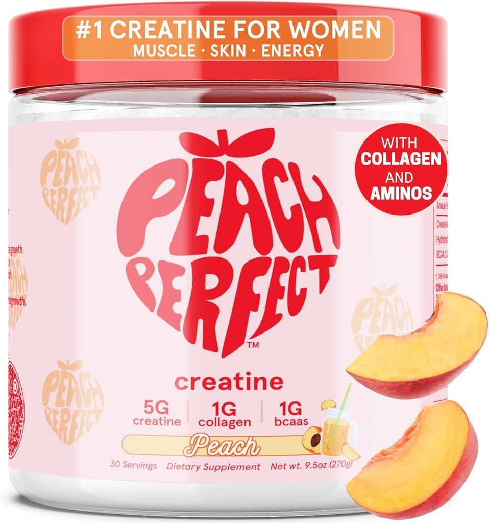 Peach Perfect Creatin monohydrat pulver, Glute Builder Creatin for kvinder med collagen, BCAA, 5g Vegan Mikronised Creatin per Serving, for Energy, Muskelstøtte, 30 SVG, Peach Flavor
