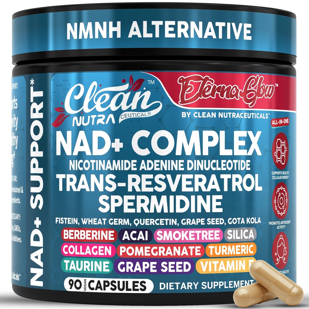NAD Resveratrol Supplement Spermidine Fisteine Quercetin Grape Seed Gotu Kola Berberine Astaxanthin Taurine Pomegranat Acai Anti Aging Longevity Kapsler for kvinder Mænd EternaGlow af Clean Nutra 90ct