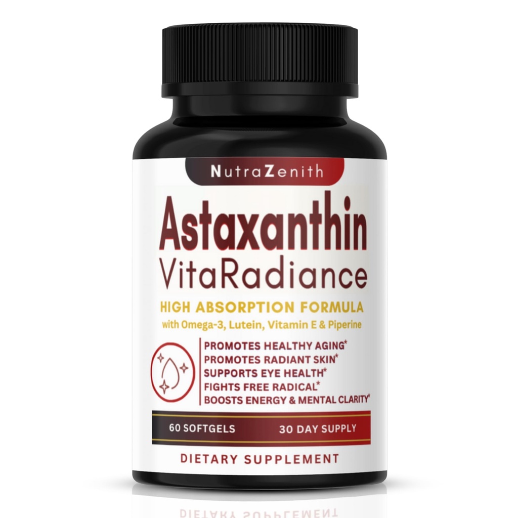 Astaxanthin Supplement med Omega-3, E-vitamin & Lutein - 60 kapsler til Super Antioxidant Support, Energy Boost, Mental Clarity & Eye / Hudpleje - Triple- Action Formel (Kraftfuld Antioxidant Complex)