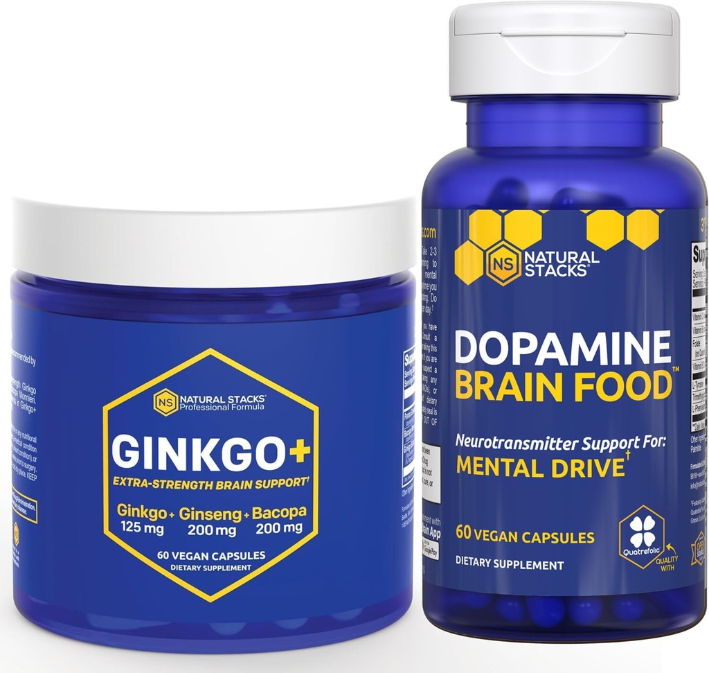 NATURLIGE STAKKER Ginkgo Biloba + Dopamin Brain Food Bundle - understøtter Focus & Mental Drive * - 120 Total Kapsler