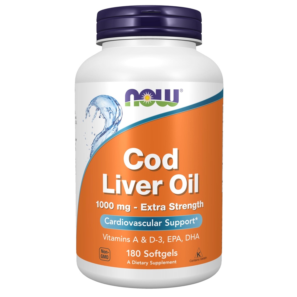Now Foods Supplements, Cod Lever Oil, Extra Strength 1000 mg med Vitaminer A & D-3, EPA, DHA, 180 Softgels
