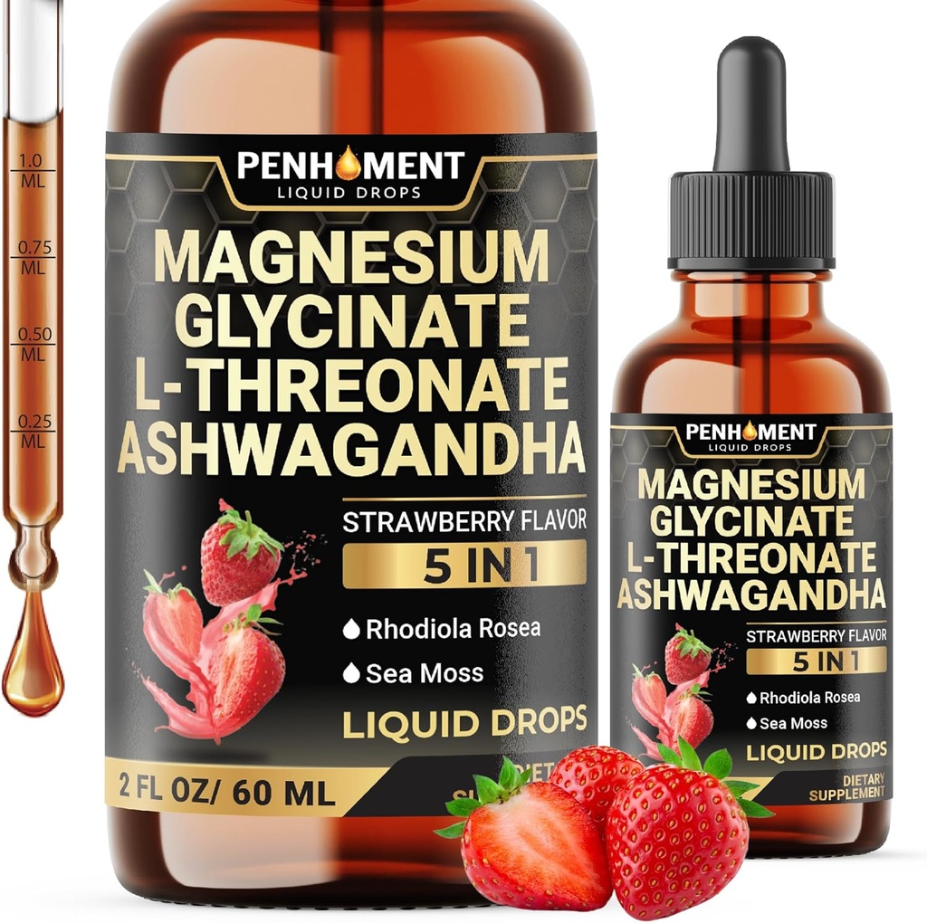 5in1 Magnesium Glycinate Liquid Drops med Ashwagadha Extract, Magnesium L- Threonate, Rhodiola Rosea, Sea Moss - Brain Support and Immun- 2 Fl Oz - Supply 30- Day - Strawberry Flavor