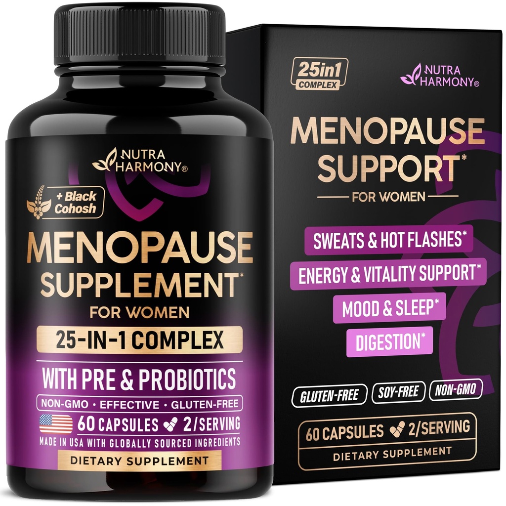 Menopause Kosttilskud til kvinder - Dong Quai, Black Cohosh, Pre & Probiotika - Sweats & Hot Flashs Relief - Fordøjelse, søvn & Mood Support - 25 - in-1 Perimenopause Complex - Made in USA - 60 Kapsler