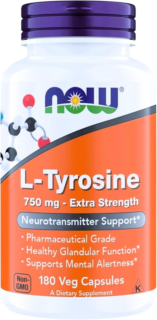 Now Foods Supplements, L- Tyrosine 750 mg, Understøtter Mental Alertness *, Neurotransmitter Support *, 180 Veg kapsler