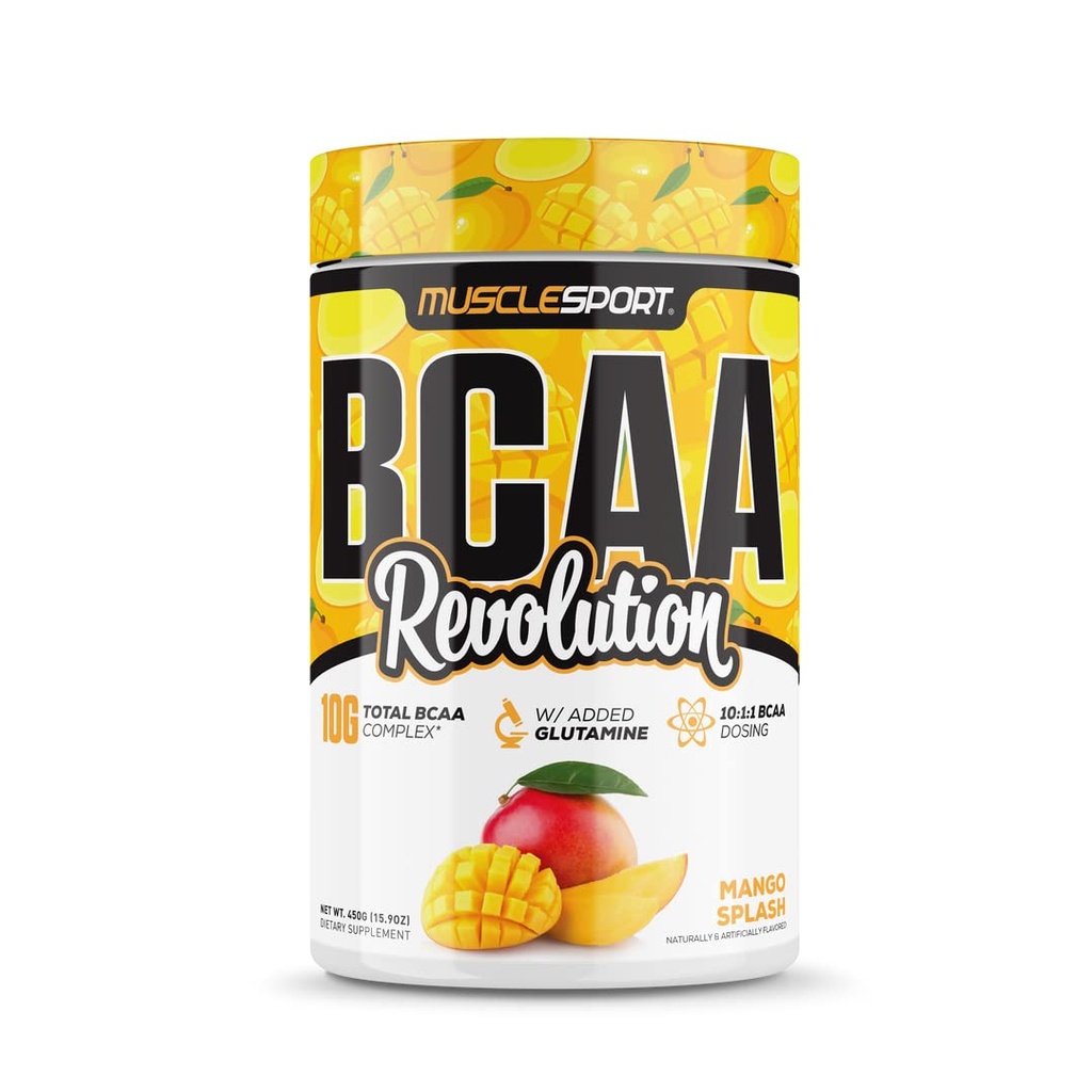 Musclesport BCAA Revolution Aminosyrepulver supplement til mænd og kvinder - Intra træning uddannelse kompleks - Inddrivelse Supplement (Mango Splash, 30 Servere)
