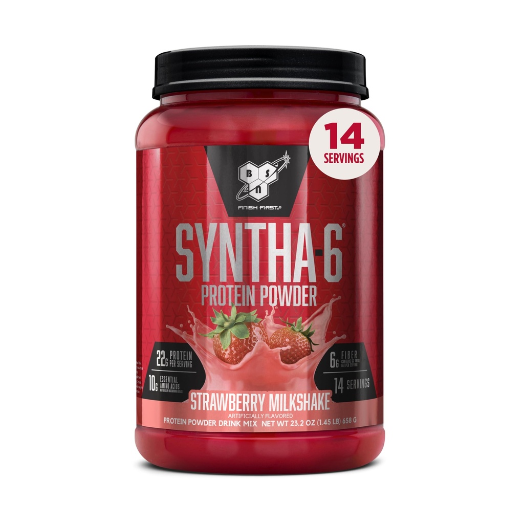 BSN SYNTHA- 6 Premium Protein Powder med 6g Fiber, Whey Isolate, Micellar Casein, Milk Protein Isolate, 6g fedt, Jordbær Milkshake, 14 Servering, 1.45 Pound (Packaging May Vary)