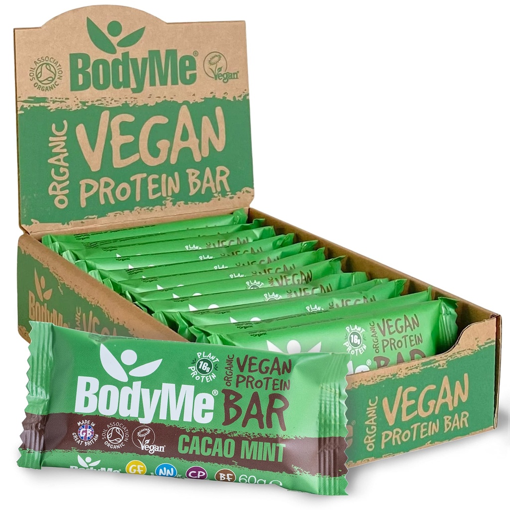 BodyMe Organic Vegan Protein Bar Note 124; Raw Cacao Mint MB 124; Box med 12 x 2,12oz (60g) Beeg 124; med 3 Planteproteiner