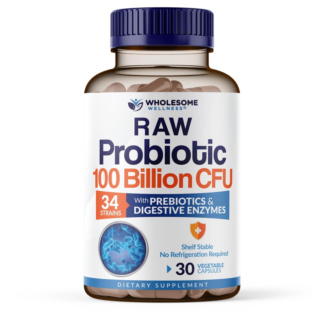 Grossome Wellness Organic Raw Probiotika 100 milliarder CFU, Dr. Formuleret for kvinder og mænd, Komplet Voksen supplement med Prebiotika og fordøjelsesenzymer; 30 kapsler, Hylde Stabil