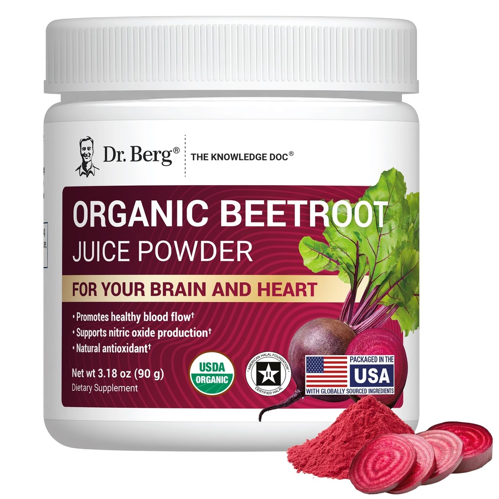 Dr. Berg Raw Organic Beet Powder fra Real Earth- Grown Beets - USDA Certified Organic Beet Root Powder to Support Nivels, Energy, Blood Flow, & Heart Health * - 30 Servere