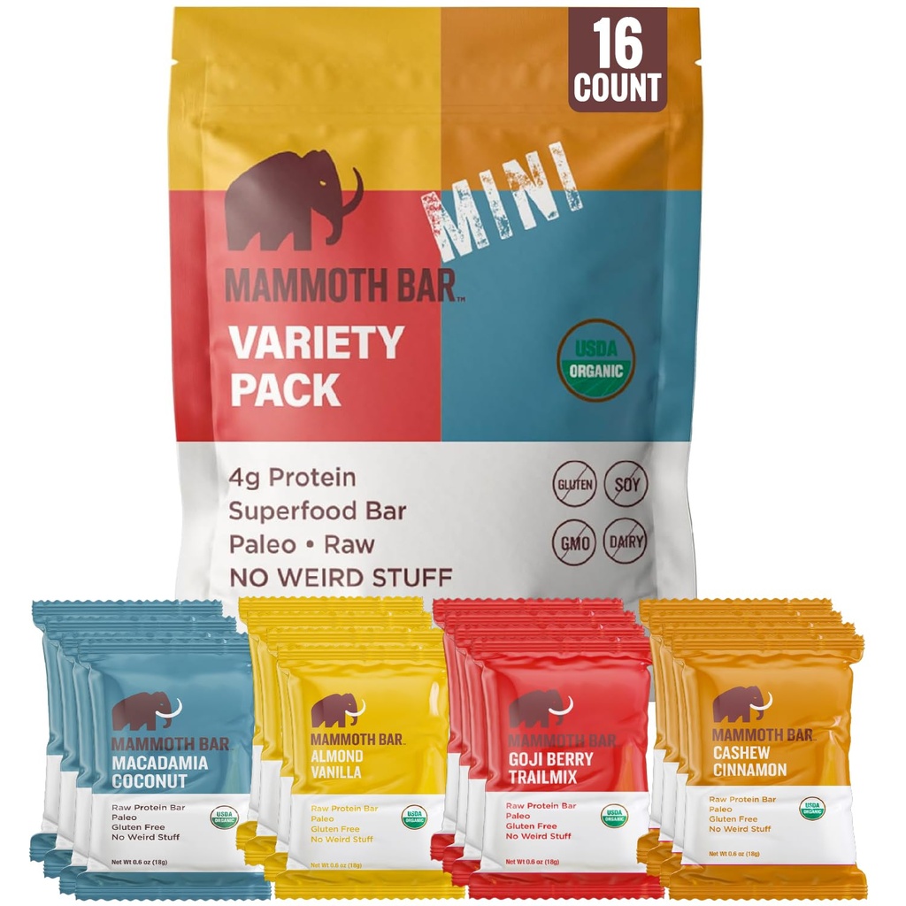 Mammoth Bar Mini - Variety Pack af vores Mini Organic Protein Bars - Lavet med Premium Nuts & Egg White Protein • Organic • Paleo • Gluten Free • GMO fri • Raw - 16 Mini Bars