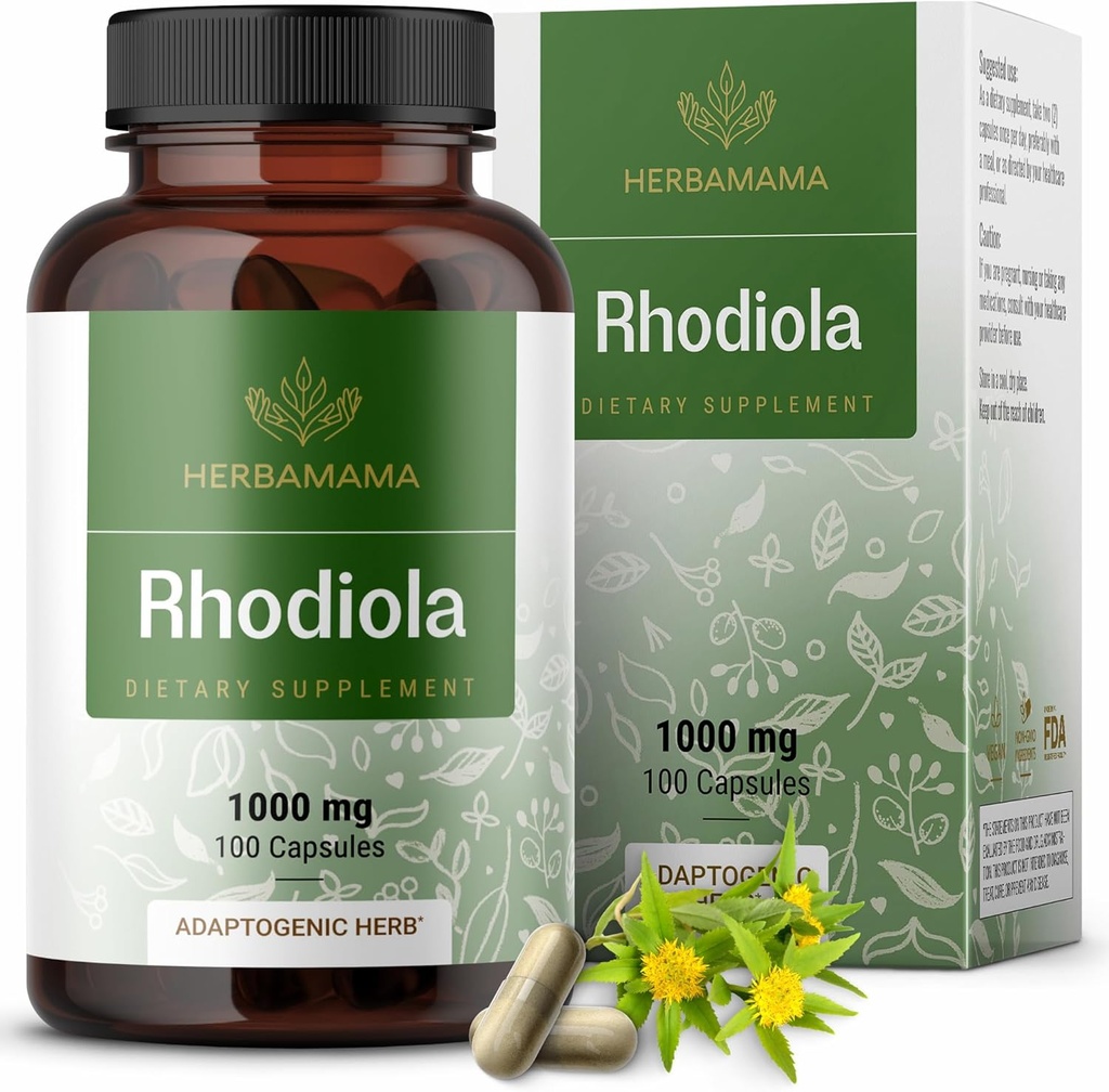 HERBAMAMA Rhodiola Rosea Capsules - Natural Menopause Supplements * for Women - 1.000mg Rhodiola Rosea Root pulver pr Servering for Women 's Relaxation Support - Vegan, Non- GMO - 50- Day Supply
