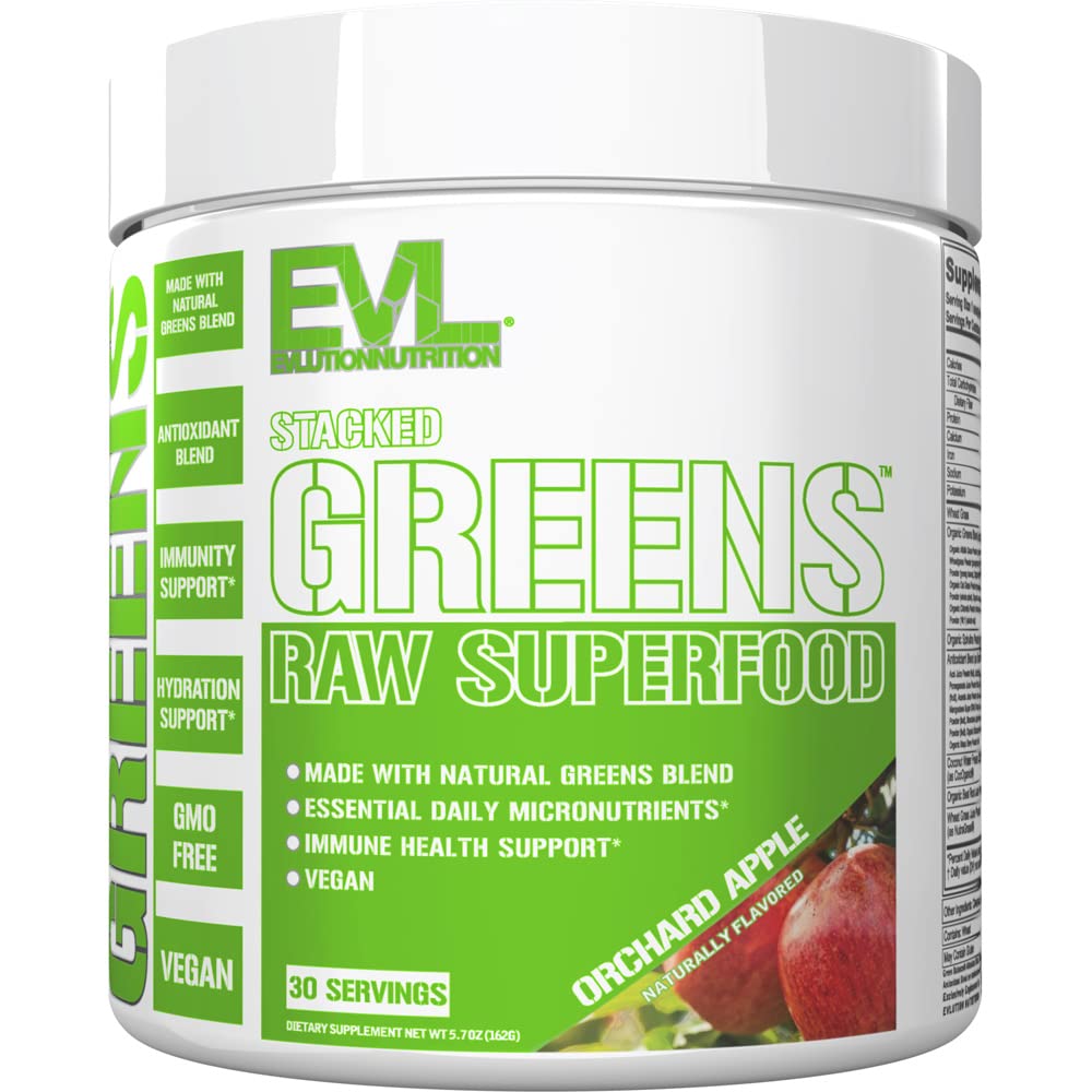 Evolution Nutrition Stacked Greens - Raw Superfood - Lavet med Natural Green Blend + Essential Daily Mikronutrients - Immunity + Hydration Support - Vegan & GMO- Free - 30 Servere - Orchard Apple