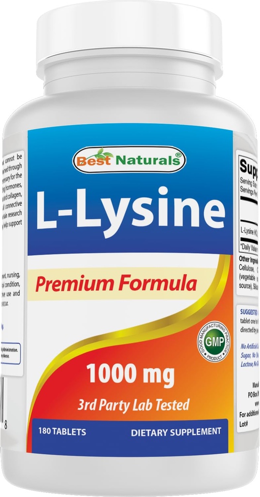 Bedste Naturals L- Lysin 1000mg 180 tabletter - Dobbelt styrke Lysin for stærkere immunforsvar & forkølelsessår