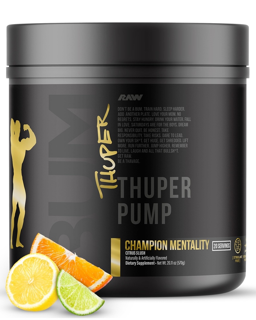 RAW Thuper Pump Stim Gratis Pre Workout Powder - Høj- dosering Kaffe- Gratis Pre Workout for Max Muscle Pumps & Strength Building - Non-Stimulant Preworkout med Creatin - 20 Servering, Champion Mentality