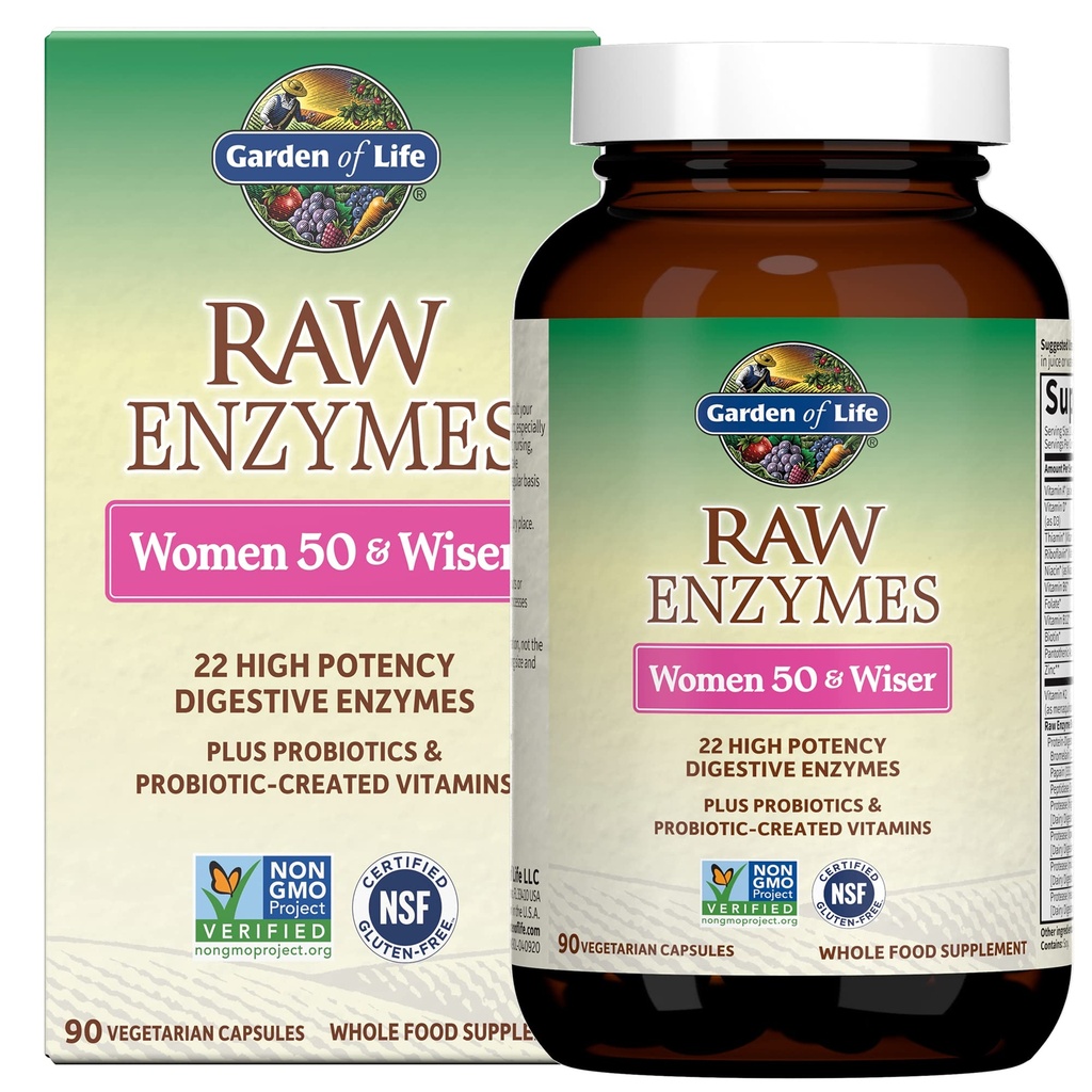 Livets have 22 fordøjelsesenzymer til kvinder 50 & Over med Bromelain, Papain & Lactase plus Probiotika & Vitaminer B12, Biotin & Zink - RAW Enzymes - Non-GMO, Glutenfri, Vegetar, 90 kapsler