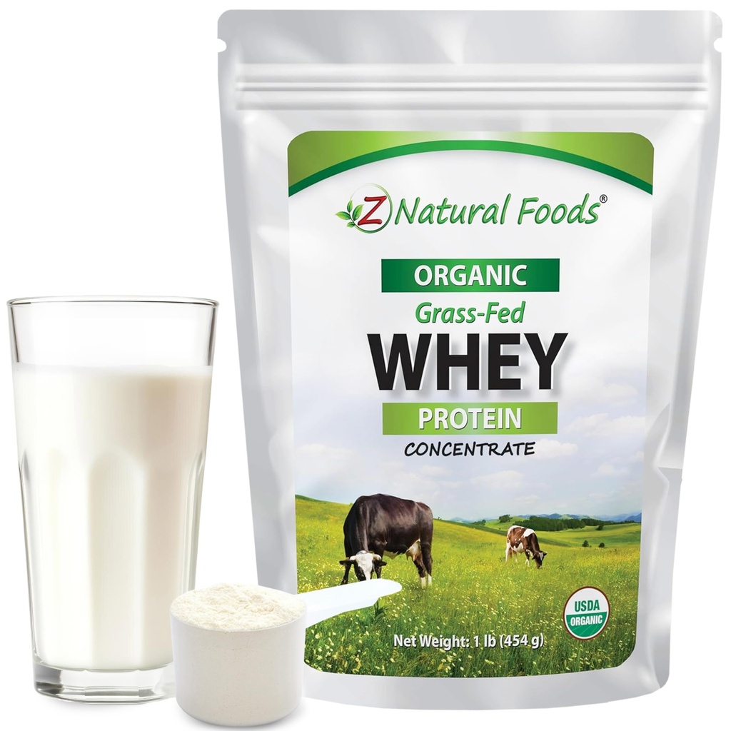 Z Natural Foods Organic Whey Protein Concentrate - Nutrient-Dense Grass Fed Whey Protein Powder - Cold Processed Pure Whey Protein with Essential Amino Acids for Nutrition & Fitness, Unflavored, 1 lb