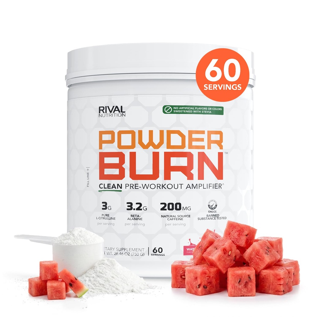 RIVAL NUTRITION Powder Burn Pre- workout Energy Powder for mænd og kvinder I Watermelon Candy, 60 Serveringer - 124; Rene ingredienser I 3g L- Citrullin, 3,2 g Beta- Alanine og 200mg naturlig koffein Per Servering