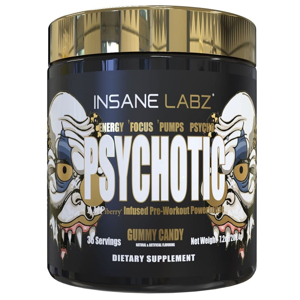 Insane Labz Psykotisk Guld, High Stimulant Pre Workout Powder, Extreme Lasting Energy Focus, Pumper og Endurance med Beta Alanine, DMAE Bitartrate, NO Booster (35 Serveringer, Gummy Candy)