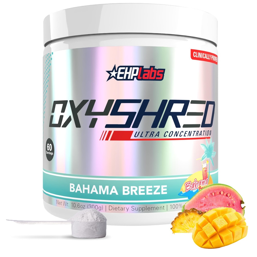 EHP Labs OxyShred Pre Workout Powder - Preworkout Powder med L Glutamin & Acetyl L Carnitin, Energy Boost Drink - Bahama Breeze / Beach, 60 Servering