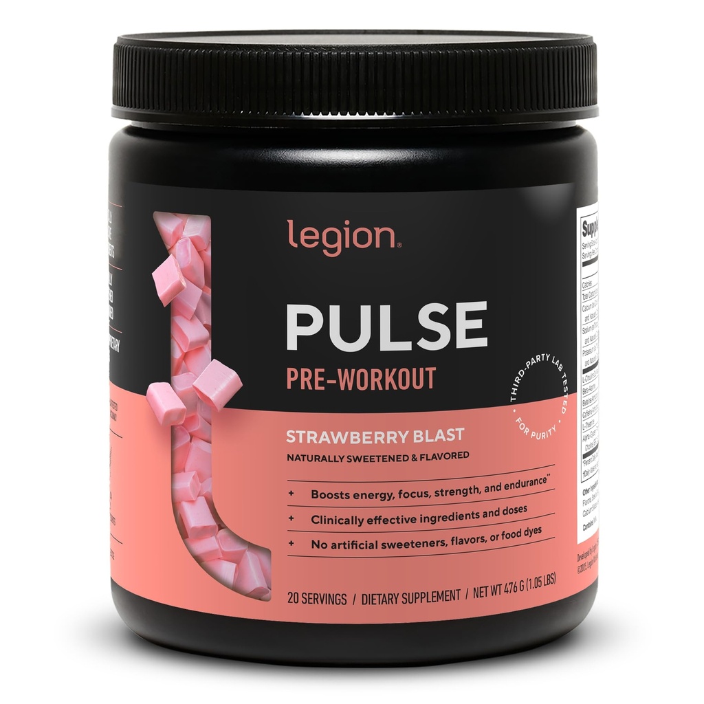 LEGION Pulse - Alle naturlige nitrogenoxid Preworkout Drink til Boost Energy, Creatin Free, naturligt sødet, Beta Alanine, Citrullin, Alpha GPC (Jordbær Blast)