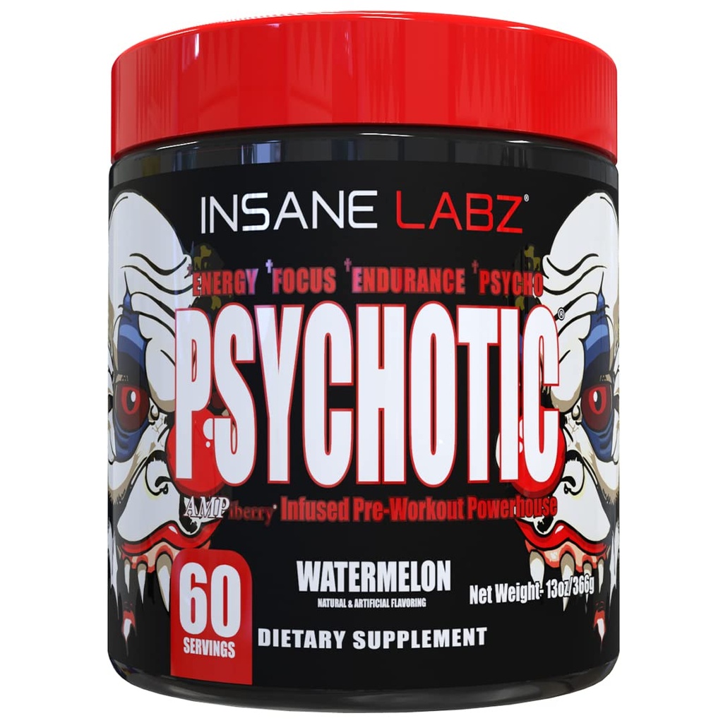 Insane Labz Psykotisk, High Stimulant Pre Workout Powder, Extreme Lasting Energy, Focus og Endurance med Beta Alanine, Creatinine monohydrat, DMAE, 60 Srvgs, Watermelon