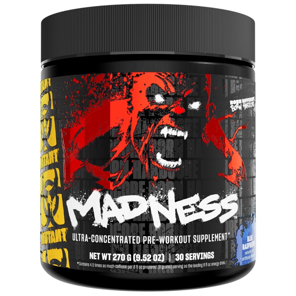 Mutant Madness Б124; Pre Workout Powder Supplement Performance og Pump Blend omfatter L- Citrullin, Beta- Alanine, Taurine, L- Tyrosine Б124; 30 Servering Б124; Blå Hindbær