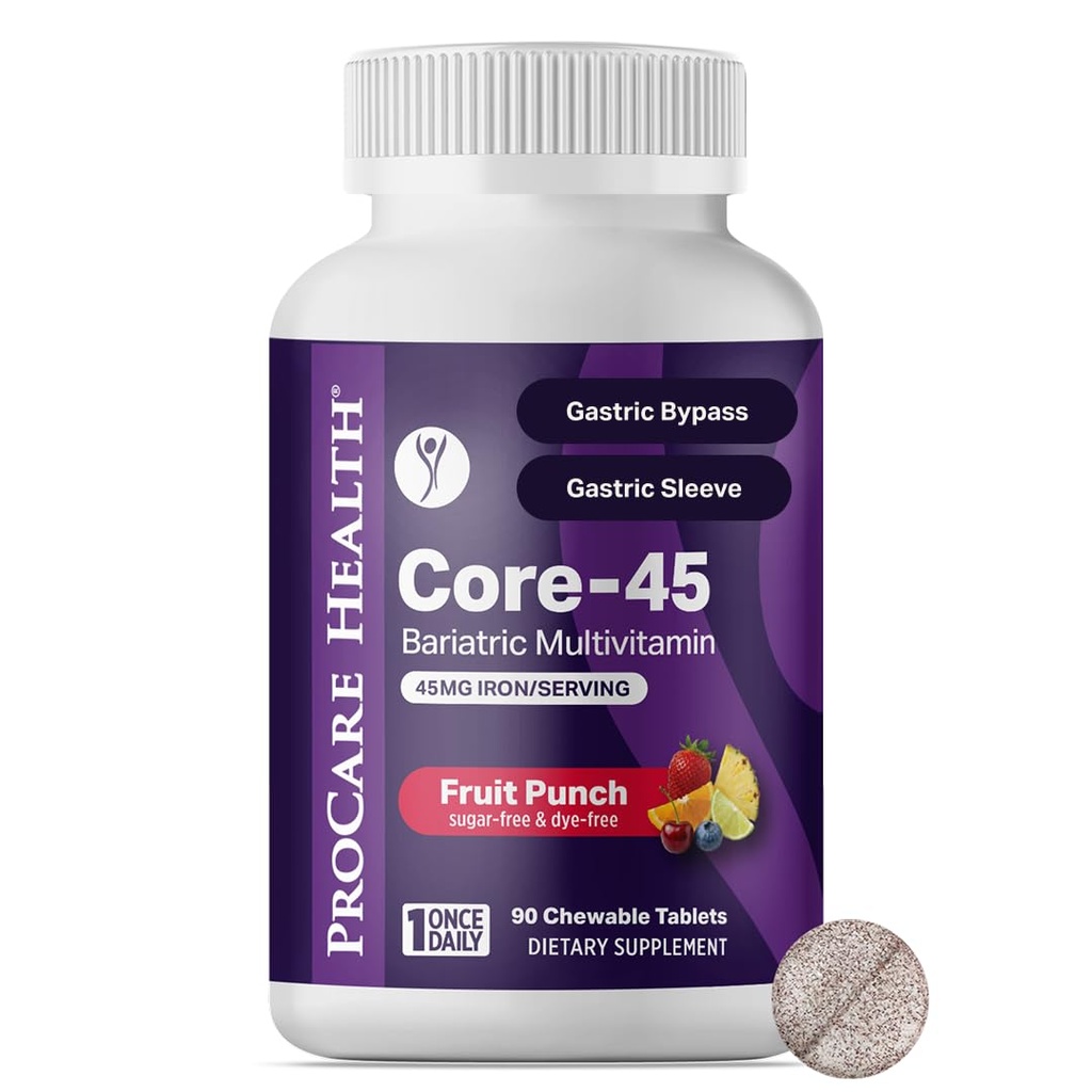 Procare Health Bariatric Multivitamin med jern 45mg Chewable (30 tabletter) - Fruit Punch Flavor Bariatric Multivitamin Chewable Pills for Gastric Bypass & Sleeve Gastrectomy Patienter (01 måneder Tilgang)