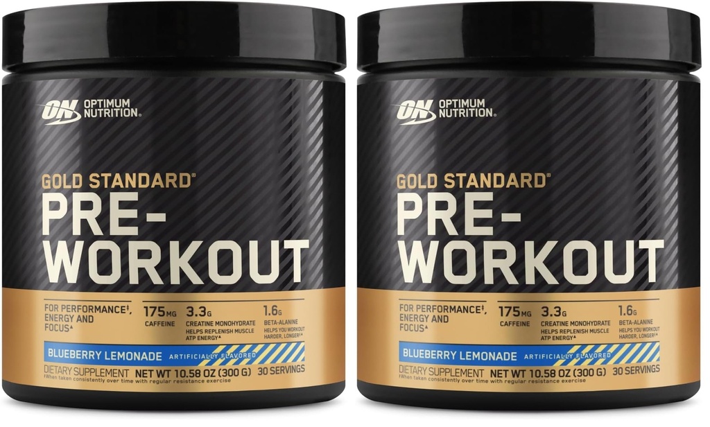 Optimum Nutrition Gold Standard Pre- Workout, D-vitamin til immunforsvar, med Creatin, Beta-alanine, og koffein til energi, Keto Friendly, Blåbær Lemonade, 30 Servere, (Pack of 2)