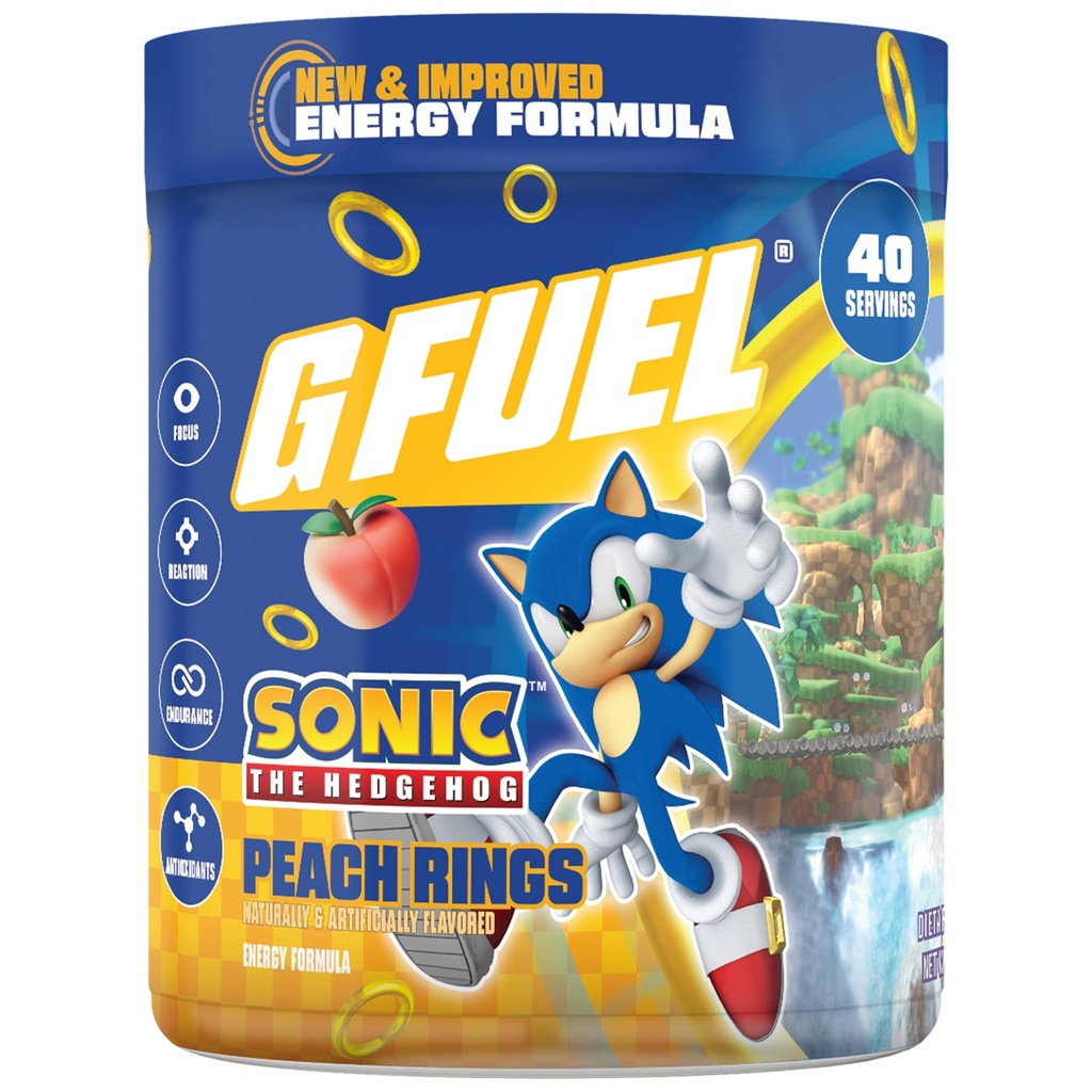 G Brændstof Sonic 2.0 Energy Drink Powder, Pre Workout Koffein Mix for Gaming, Sugar Free Focus Amino, Vitamin + Antioxidanter, 9.8oz (Peach Ring Candy, 40 Servere)