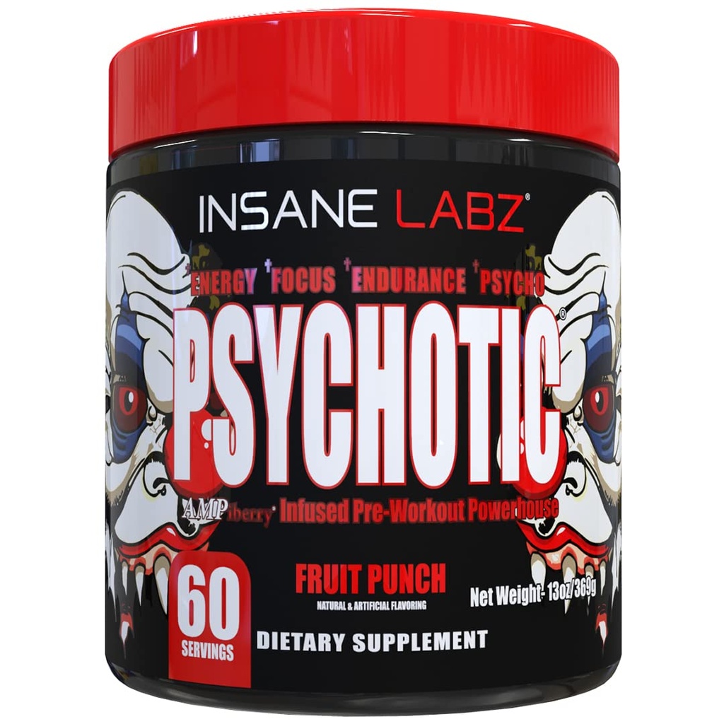 Insane Labz Psykotisk, High Stimulant Pre Workout Powder, ekstrem vedvarende energi, fokus og udholdenhed med Beta Alanine, Creatinine monohydrat, DMAE, 60 Srvgs, Fruit Punch