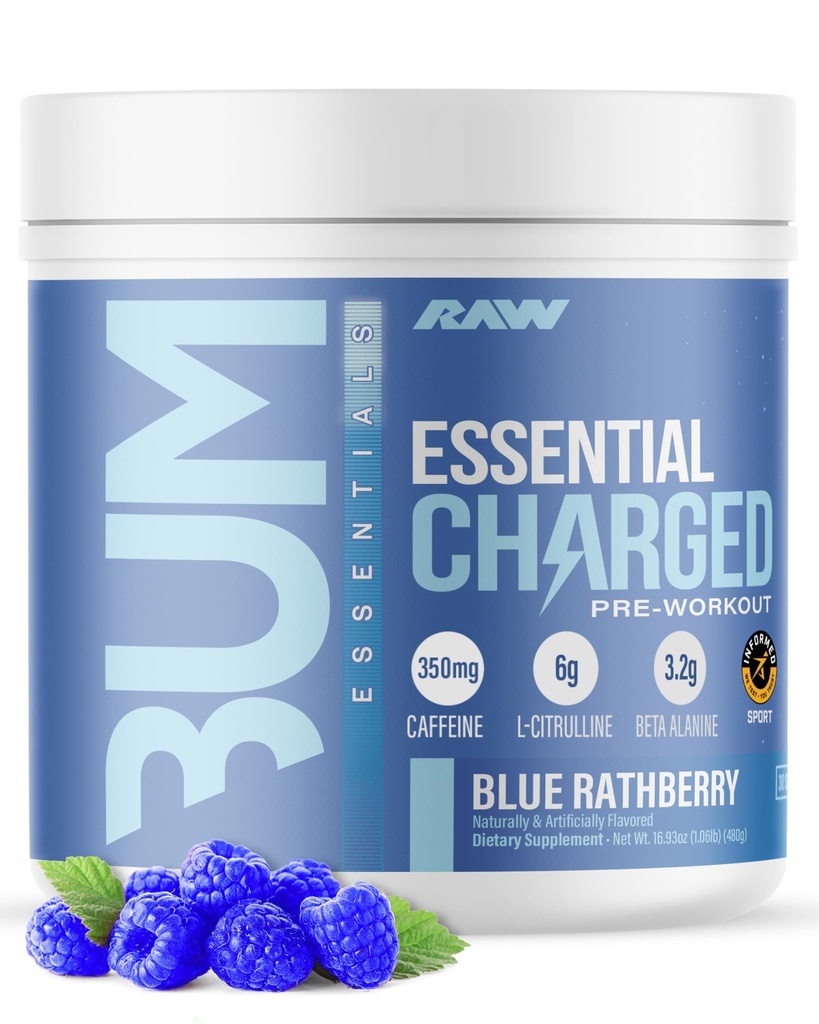 RAW Pre- Workout Powder, Essential CHARGED (Blue Rathberry) - Preworkout Supplement for mænd og kvinder - Understøtter fokus, mad, & ydeevne - Koffein, Alpha- GPC, L- Citrullin, Beta Alanine (25 Servere)