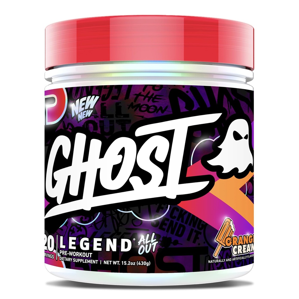 GHOST Legend All Out Pre-Workout Powder, Orange Cream - 20 Servering - Pre-Workout Supplement for mænd og kvinder - Energi & Pumper - Koffein, Citrullin, Beta Alanine, Betain, NO3-T sukker fri