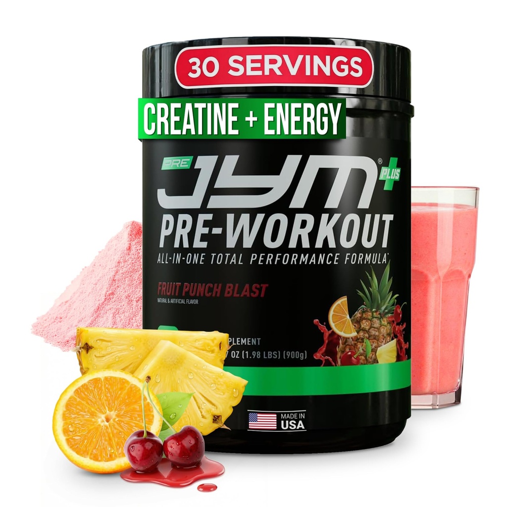 JYM Supplement Science Pre JYM Plus Fruit Punch Pre- Workout Powder, Amino Nitrater, Creatin, betain, Nootropics, BCAA 's, for mænd og kvinder, 30 Servere