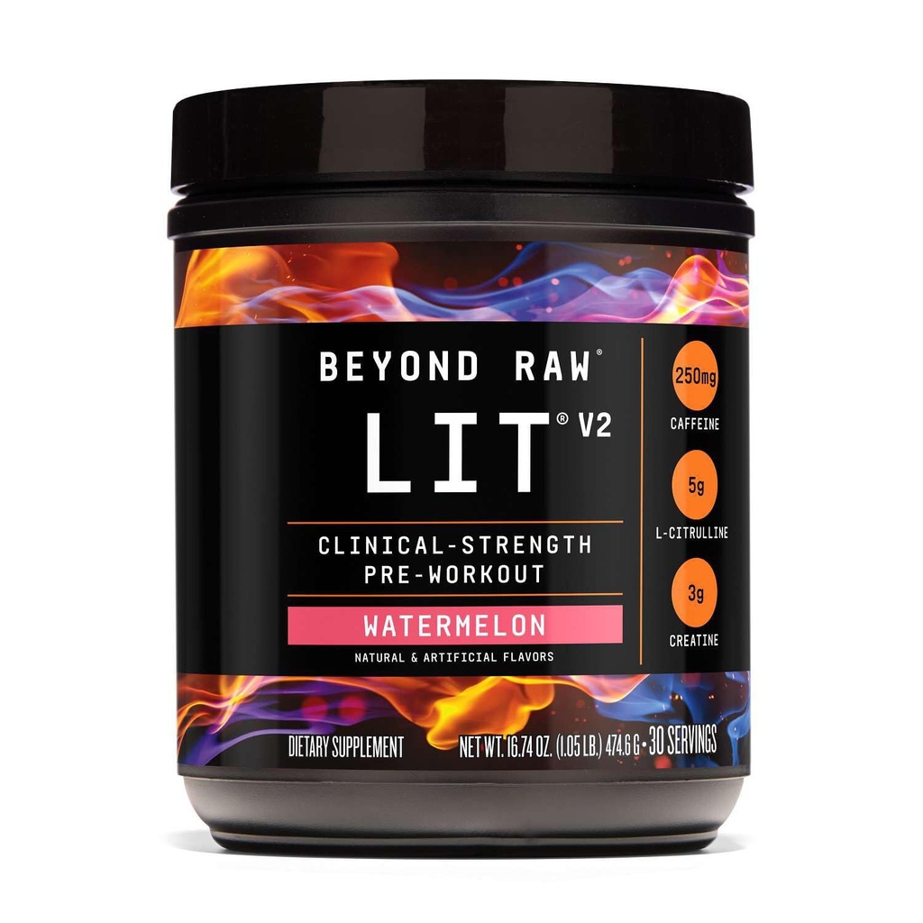 BEYOND RAW LIT V2 Clinical Strength Pre Workout Powder, Hits Hårdere, Større Pumper, Koffein, L- Citrullin, Creatin, Watermelon, 30 Serveringer