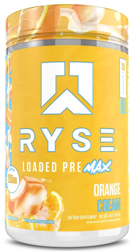 Ryse Indlæst Pre Max Pre Workout Powder - Orange Cream - 300mg Dual- fase koffein for vedvarende energi til mænd og kvinder - L- Citrullin, PeptiPump & Alpha- GPC for magt, Pumper & Focus - 25 Serveringer