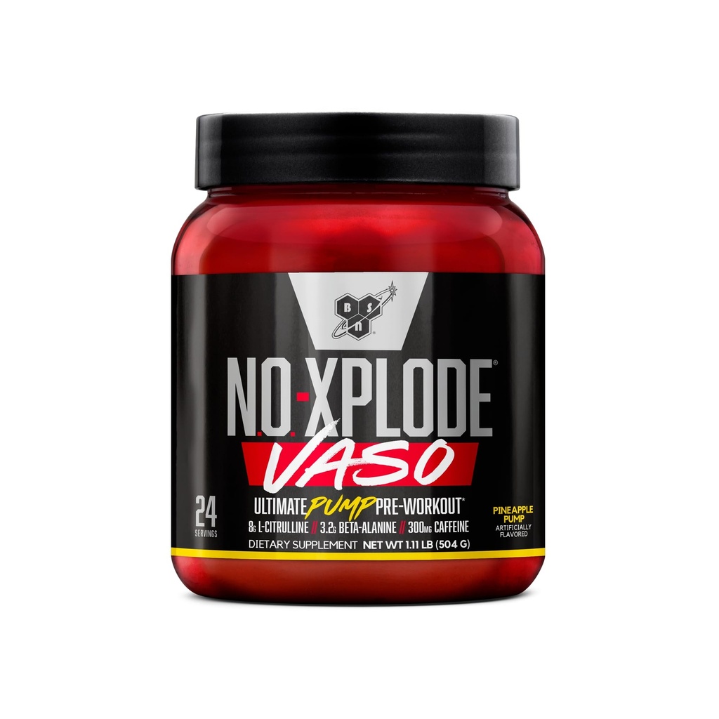 BSN N.O.-XPLODE Vaso Pre Workout Powder med 8g L- Citrullin og 3,2 g Beta- Alanine og energi, Flavor: Ananas Pump, 24 Servere