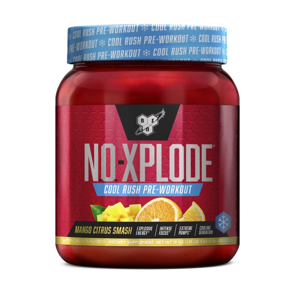 BSN N.O.-XPLODE Cool Rush Pre Workout Powder, Preworkout Energy Supplement for mænd og kvinder med Creatin og Beta- Alanine, Mango Citrus Smash, 30 Servering, 1.2 Pund (Packaging May Vary)