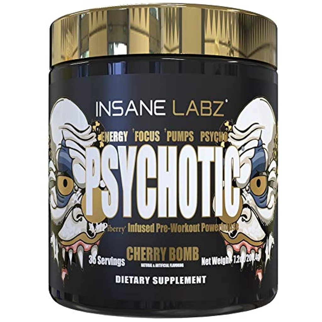 Insane Labz Psykotisk Guld, High Stimulant Pre Workout Powder, Extreme Lasting Energy Focus, Pumper og Endurance med Beta Alanine, DMAE Bitartrate, NO Booster (35 Servere, Cherry Bomb)