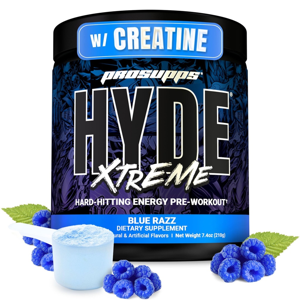 ProSupps Mr. Hyde Xtreme Pre Workout pulver med Creatin, Beta Alanine & Koffein - ekstrem energi, Pumper, Focus & Performance - Fitness & Gym Kosttilskud til mænd og kvinder (Blue Razz, 30 Servere)