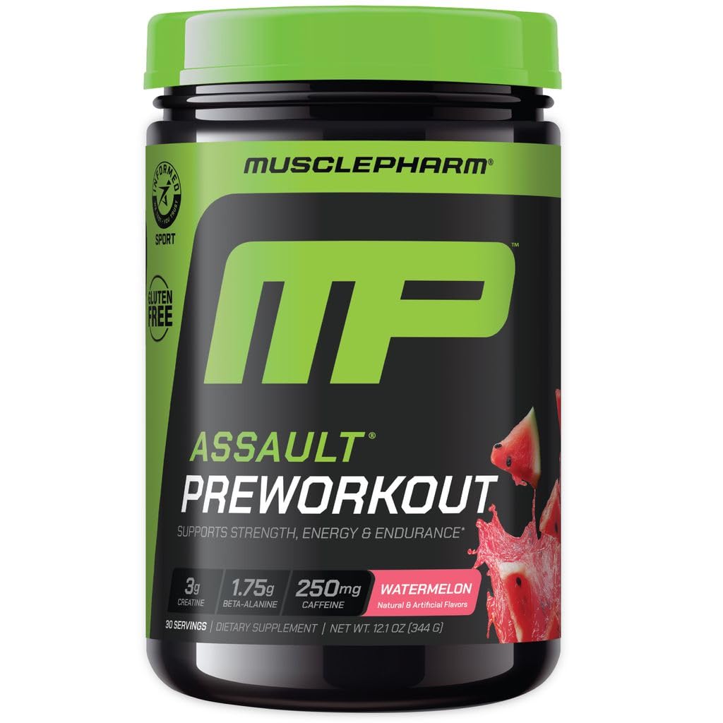 Muskel Pharm Assault Pre Workout pulver til mænd og kvinder - Energi & Styrke Boost præ-workout kosttilskud med Beta Alanine, Koffein, Creatin & Betain Vanddrivende - 30 Servering, Watermelon Flavor