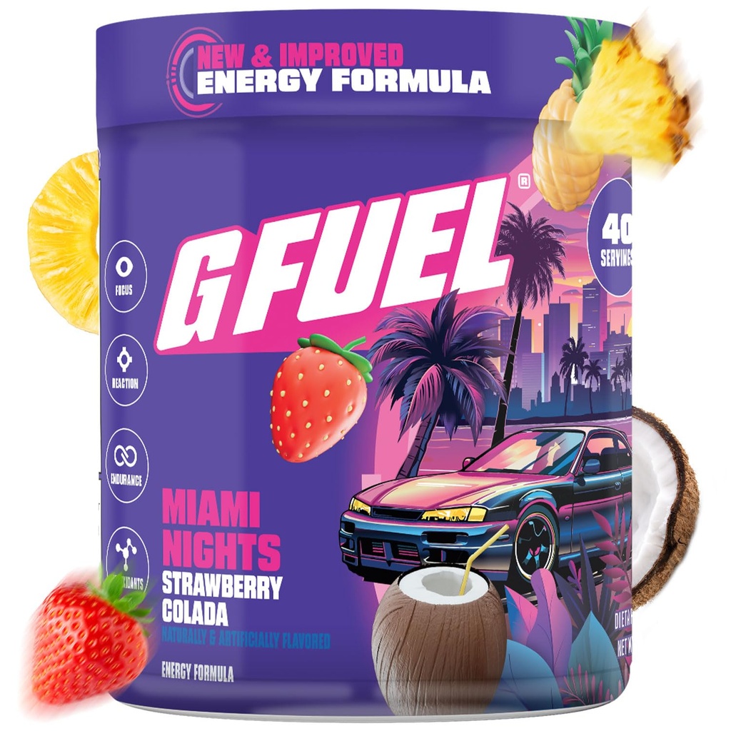 G Brændstof Miami Nights 2.0 Energy Drink Powder, Pre Workout Koffein Mix til Gaming, Sugar Free Focus Amino, Vitamin + Antioxidanter, 8.7oz (Jordbær Pina Colada, 40 Servere)