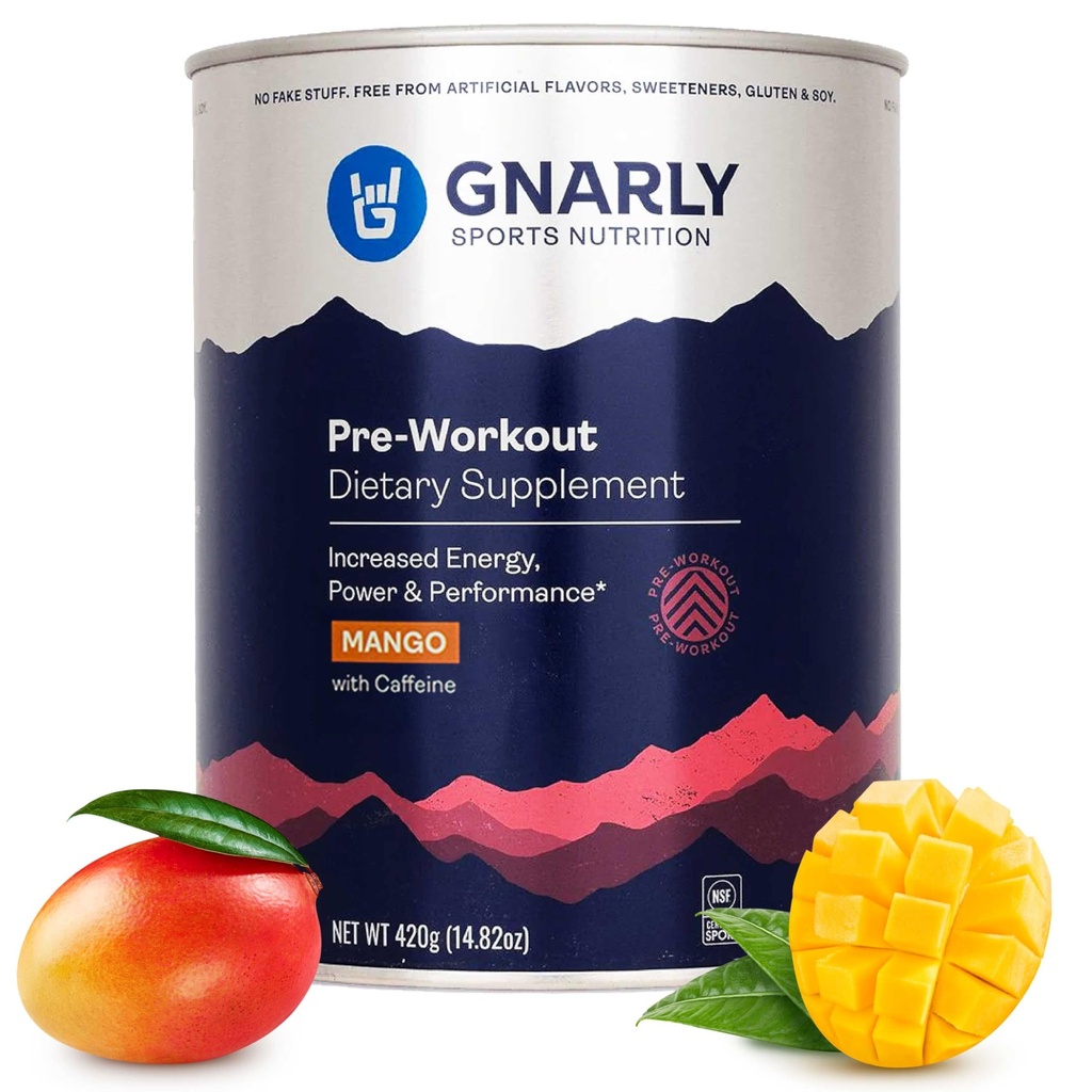 Gnarly Nutrition Natural Pre- Workout Powder, Mango - NSF Indhold Certificeret, Endurance & Recovery - Vegan Pre- Workout, Sport Nutrition - Mango med koffein, 14.82 oz