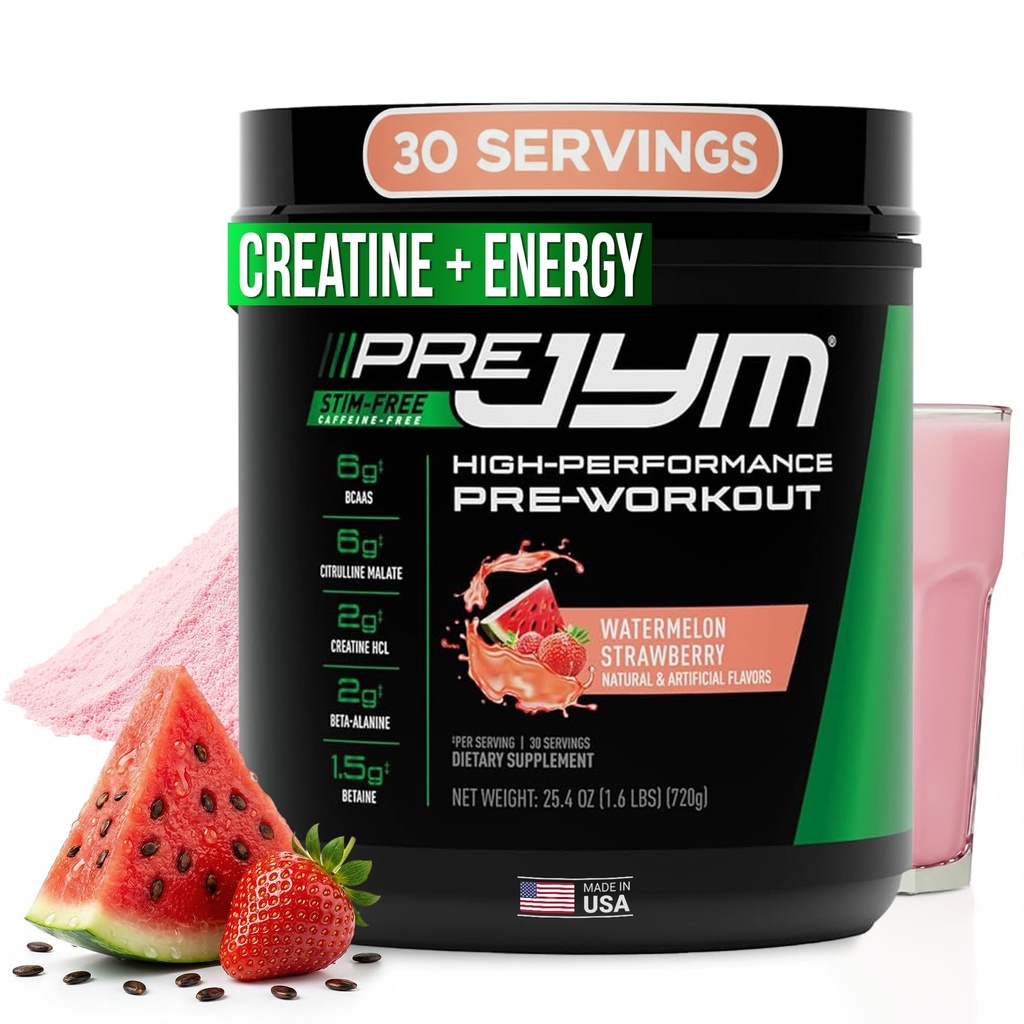 Pre JYM Stim Free Watermelon Strawberry Pre- Workout Powder, Creatin, Ingen koffein, Citrullin, Betaine, BCAA 's, Taurine, Alpha- GPC, Huperzine, 30 Servere