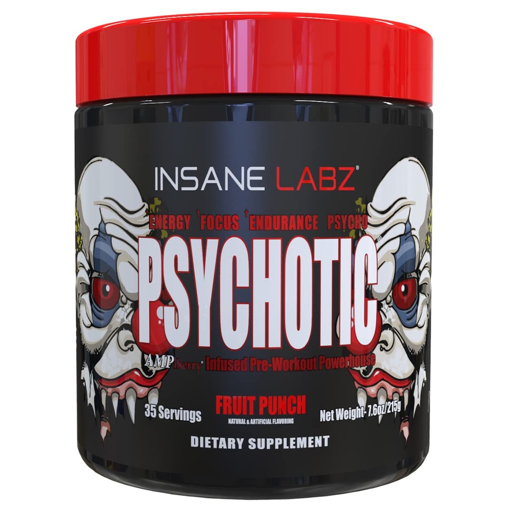 Insane Labz Psykotisk, High Stimulant Pre Workout Powder, Extreme Lasting Energy, Focus og Endurance med Beta Alanine, Creatinine monohydrat DMAE, 35 Srvgs (Fruit Punch)