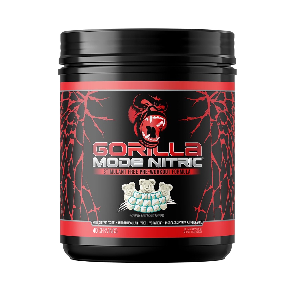 Gorilla Mode Nitroc Opgraderet Stimulant Gratis Pre- workout - Bedste Tasting og mest effektive Stimulant Gratis Pre- Workout / Massive Pumper · Vasodilation · Power / 780 Grams (White Gummy Bear)