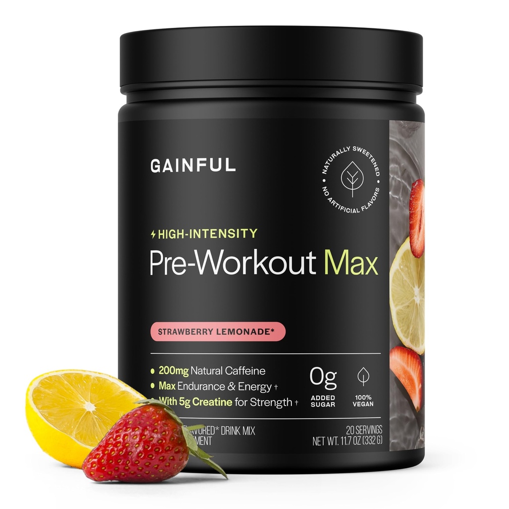 Gainful High Intensity Pre Workout Pulver med 200 mg koffein, 5g Creatin, Jordbær Lemonade Flavor, Understøtter energi, Styrke, Endurance, & Inddrivelse, BCAA, Beta Alanine, L- Citrullin, 20 Servere