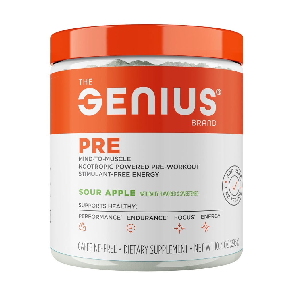 Genius Pre Workout Powder, Sour Apple - All- Natural Nootrop Pre- Workout & Coffein- Free Nitric Oxide Booster supplement med Beta Alanine & Alpha GPC - Ingen kunstige flavors, sødestoffer, eller Farver