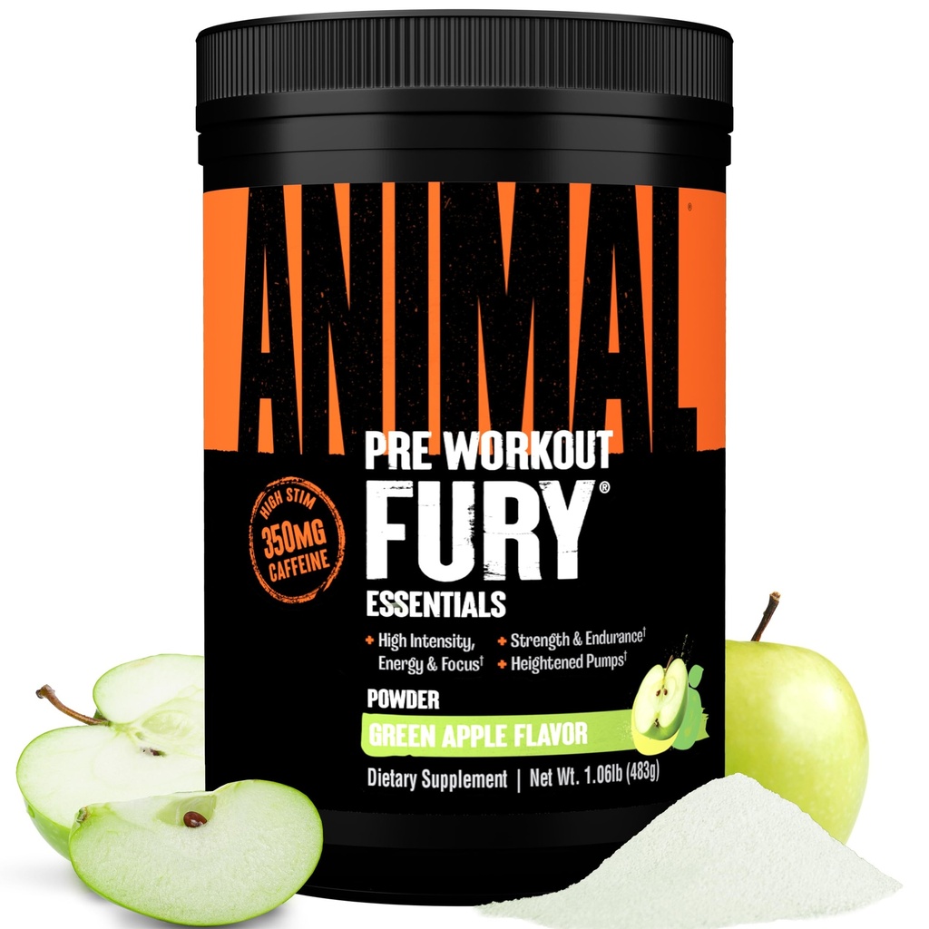 Animal Fury Pre Workout Powder - Green Apple, 350mg Koffein, BCAA Aminosyrer, 2g Beta Alanine, Citrullin & Tyrosine, Energy, Focus, Styrke, Endurance, Fortræning for mænd og kvinder, 30 Servering
