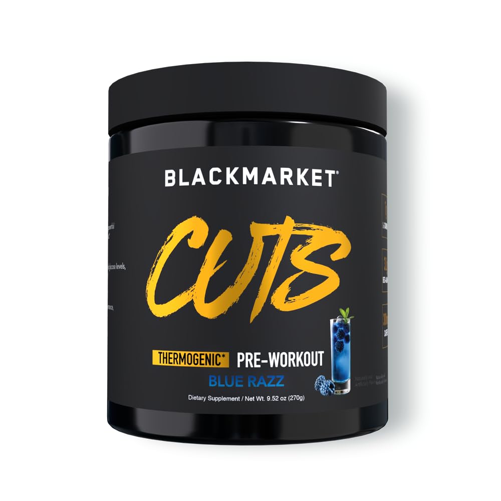 BLACKMARKEDET CUTS Pre Workout - Opfyldt energi pulveriseret drik mix for mænd og kvinder, Great for muskel definition, termogene, Kreatin fri, (Blue Razz, 30 Servere)