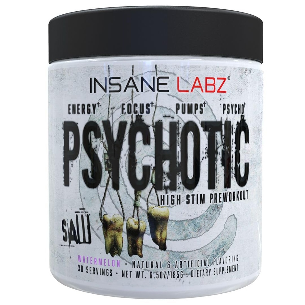 Insane Labz Psykotisk Sav, High Stim Pre Workout Pulver med OxyGold Buddy ™ og AMPiberry ®, Extreme Lasting Energy med Teacrine ®, Fokus med CognitIQ ® og Endurance (30 Servere, Watermelon)